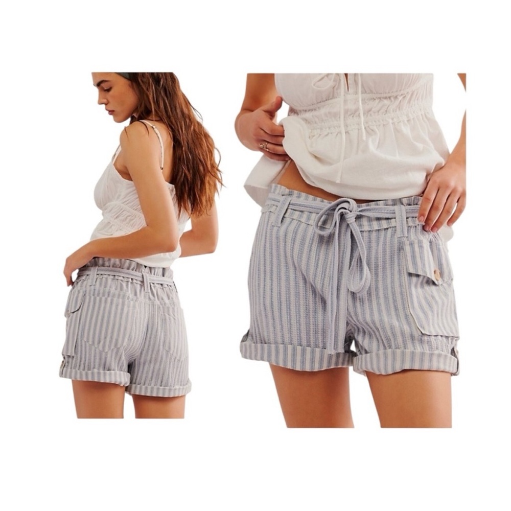 Striped Tie-Waist Cargo Shorts in Light Blue